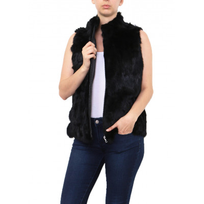 Gilet sans Manche,en Fourrure Lapin,Noir